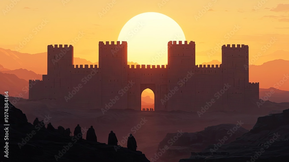 Obraz premium Silhouette of a majestic castle at sunset against a colorful sky.