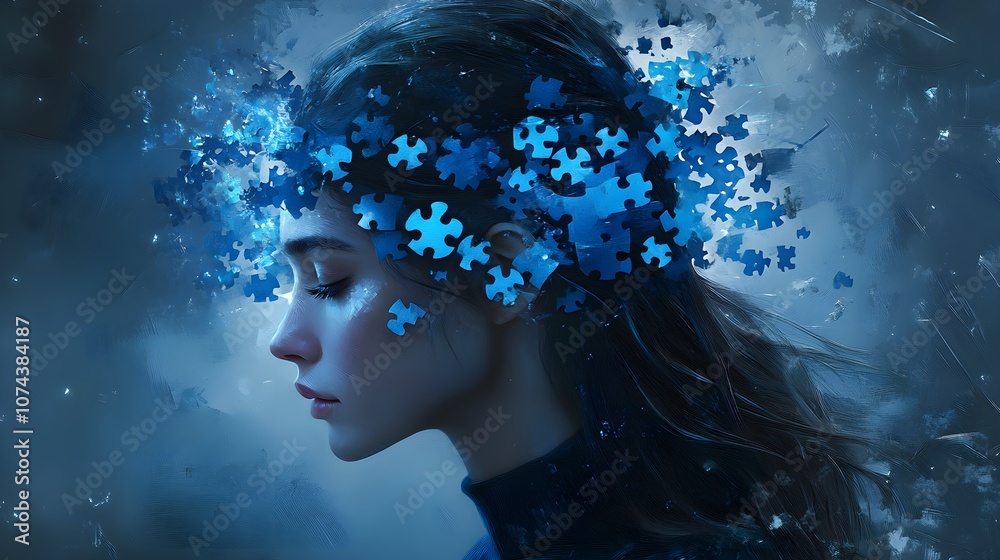 Side profile of a woman with puzzle pieces drifting into the air from her hair, blue reflective tones, Fantasy, Digital Painting, Soft glow, Intricate details Side profile of a woman with puzzle pieces drifting into the air from her hair, blue reflective tones, Fantasy, Digital Painting, Soft glow, Intricate details