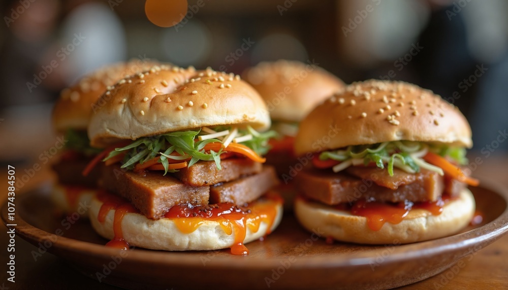 Mouthwatering Gourmet Sliders with Colorful Toppings on Rustic Wooden Plate Mouthwatering Gourmet Sliders with Colorful Toppings on Rustic Wooden Plate