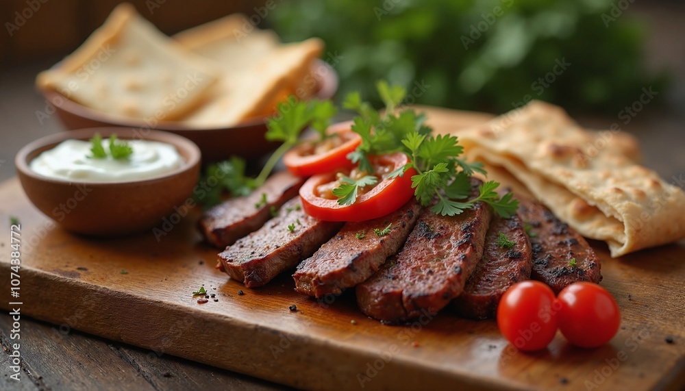 Juicy Grilled Steak Slices with Fresh Vegetables and Flatbread on Rustic Wooden Board Juicy Grilled Steak Slices with Fresh Vegetables and Flatbread on Rustic Wooden Board