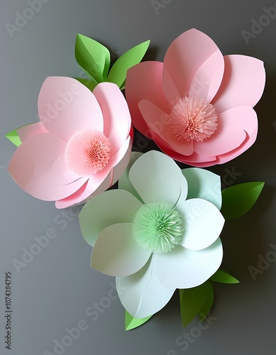Composition of paper flowers in pastel shades, for holiday decor and interior decoration, handmade