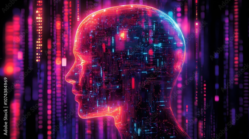Silhouette of a human head with brain circuits illuminated in neon light, symbolizing cognitive processing powered by digital information Silhouette of a human head with brain circuits illuminated in neon light, symbolizing cognitive processing powered by digital information