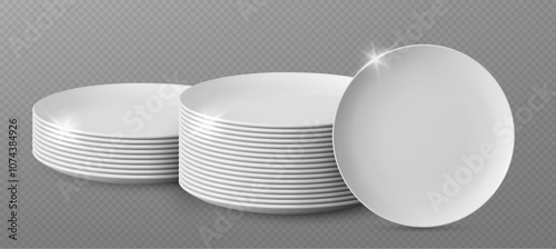Pile of white clean plate. Kitchen dish stack. Porcelain dinner crockery front view. Glass clear bowl for food isolated on transparent background. Round sparkling serving dishware object in restaurant