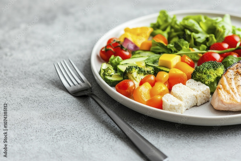 Streamlined representation of a balanced diet on a plate, highlighting key food groups with subtle detail and soft color palette. 3D rendering Streamlined representation of a balanced diet on a plate, highlighting key food groups with subtle detail and soft color palette. 3D rendering