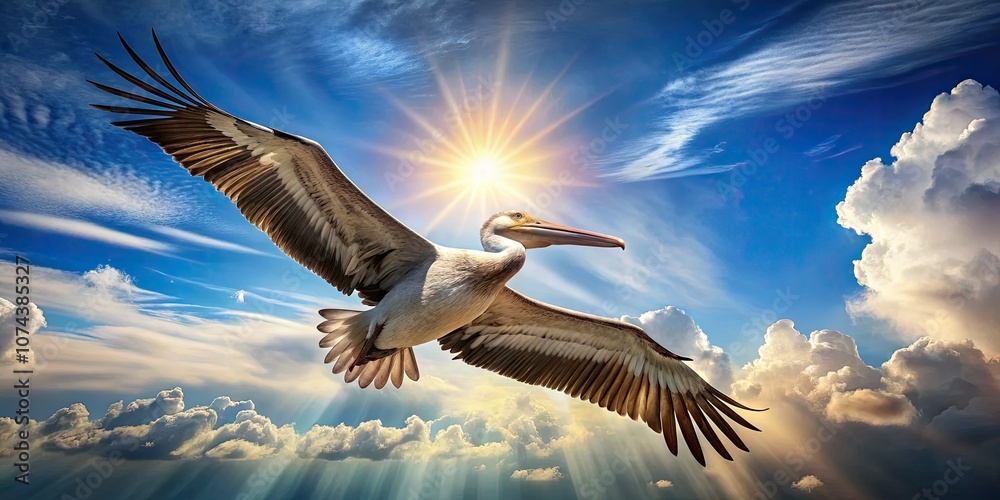 Fototapeta premium Pelican in Flight Over a Clear Blue Sky - Stunning Product Photography for Nature Enthusiasts
