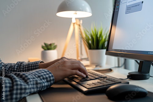 Person typing on a keyboard with a chat window on the screen photo