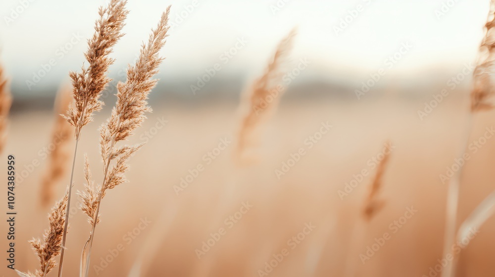 Obraz premium Serene field of golden reeds swaying gently in the breeze under a soft, dreamy sky, evoking peace and natural beauty.