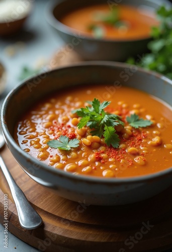 Hearty Lentil Soup with Fresh Herbs Served in Rustic Bowl on Wooden Board