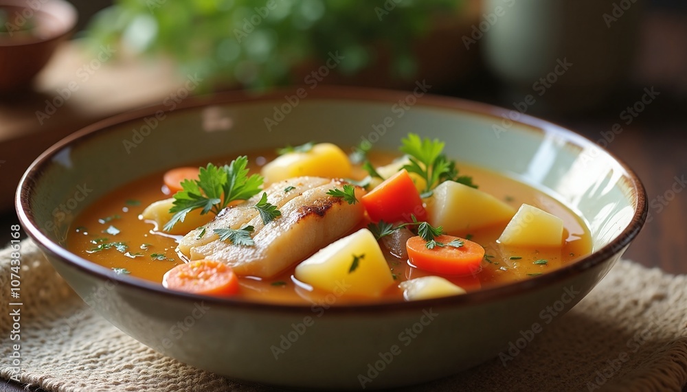 Hearty Fish Soup with Vibrant Vegetables in Rustic Bowl