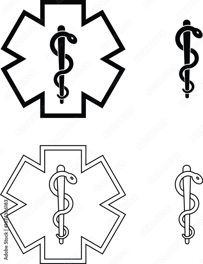 Star medicine with caduceus snake icon set. Emergency medical black flat and line vector collection isolated on transparent background. Pharmacy symbol health care sign for hospital ambulance Star medicine with caduceus snake icon set. Emergency medical black flat and line vector collection isolated on transparent background. Pharmacy symbol health care sign for hospital ambulance