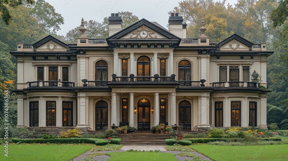 Naklejka premium Elegant mansion with classical architecture surrounded by greenery.