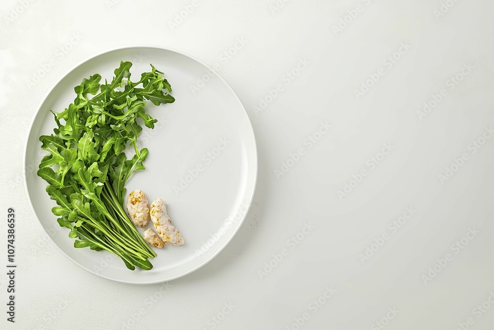 Carb restriction shown through a plate filled with greens and protein, set against a backdrop of negative space. 3D artwork, clean shapes, muted colors. Carb restriction shown through a plate filled with greens and protein, set against a backdrop of negative space. 3D artwork, clean shapes, muted colors.