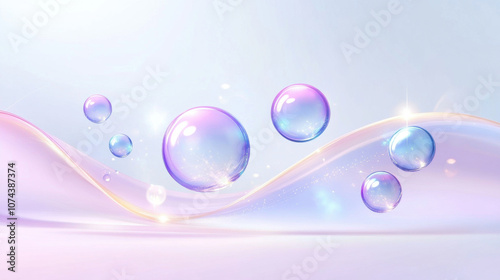 Colorful glowing spheres float above soft, wavy background, creating dreamy and futuristic atmosphere. iridescent bubbles reflect light, adding magical touch to serene scene photo