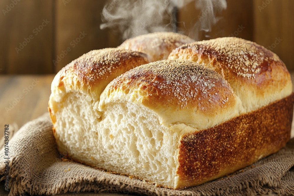 Freshly baked bread with golden crusts and steam rising, evoking feelings of comfort and nostalgia, surrounded by warm lighting and rustic charm.