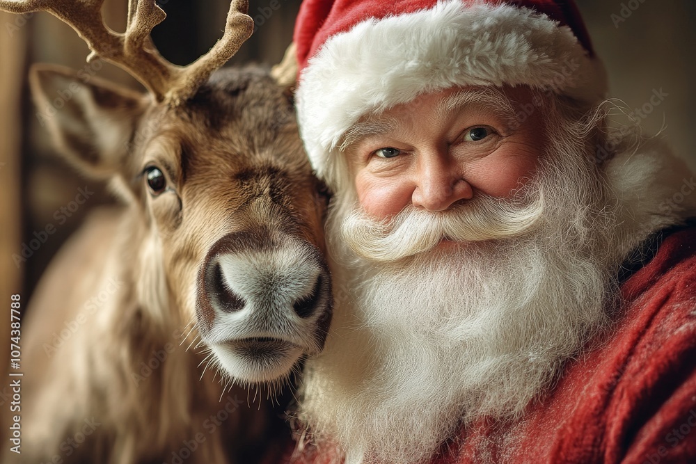 Santa Claus and Reindeer: A jolly Santa Claus beams with cheer, his loyal reindeer by his side, ready to spread holiday joy and magic.