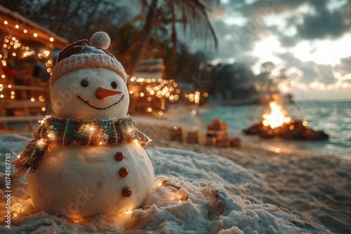 Fototapeta Naklejka Na Ścianę i Meble -  Christmas party on a tropical beach with decorated palm trees, holiday lights, sandy snowmen and a cozy bonfire. Generative AI