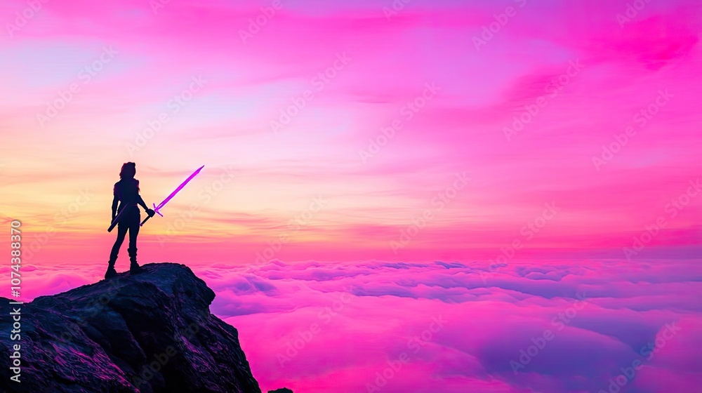 Silhouette of a person with a sword against a vibrant pink and purple sky. Silhouette of a person with a sword against a vibrant pink and purple sky.