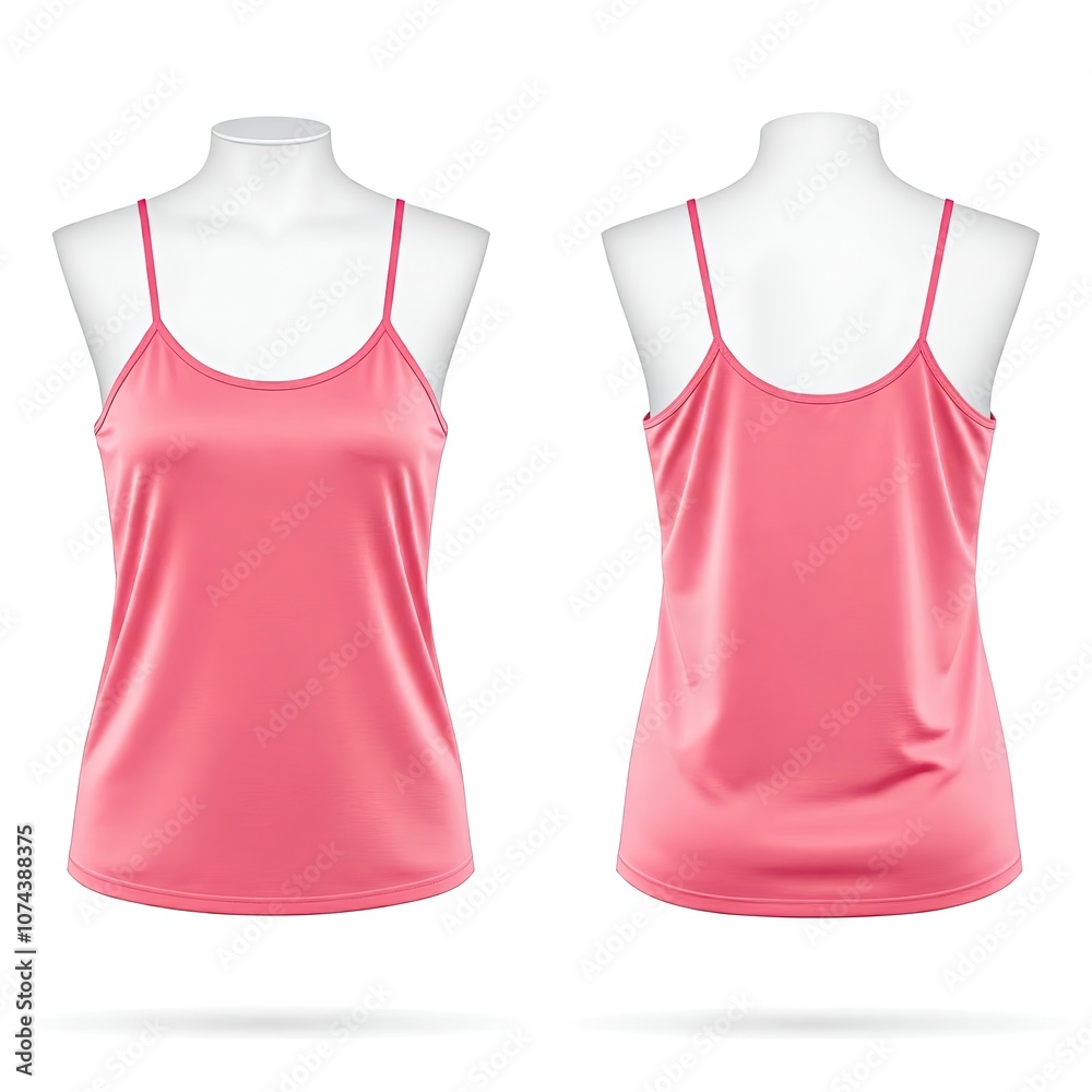 Front and back view of a pink satin camisole on a mannequin. Front and back view of a pink satin camisole on a mannequin.