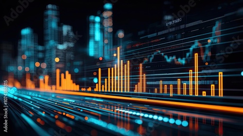 Futuristic cityscape with digital data visualization and glowing graphs.