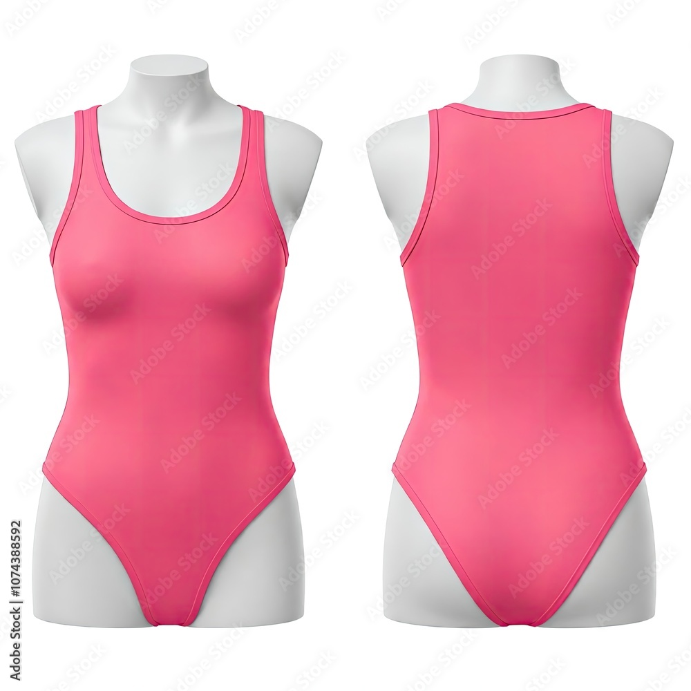 A bright pink one-piece swimsuit displayed on a mannequin. The swimsuit features a scoop neck and a high-cut leg design, showcasing a smooth and sleek appearance from both the front and back views. A bright pink one-piece swimsuit displayed on a mannequin. The swimsuit features a scoop neck and a high-cut leg design, showcasing a smooth and sleek appearance from both the front and back views.