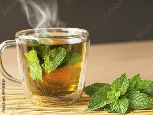 Herbal tea steaming in a glass cup with fresh mint leaves on a bamboo mat, relaxing theme, earthy tones, warm lighting creating a calming effect photo