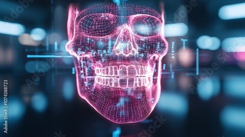 Futuristic holographic dental x-ray, anatomy in cross-section, inner layers highlighted with neon and digital overlay, immersive view