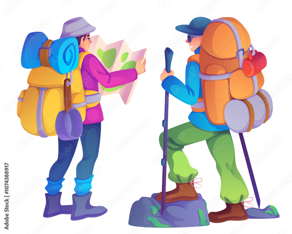 Obraz premium Male hikers isolated on white background. Vector cartoon illustration of young men equipped with hiking gear, trekking poles, backpack, looking at map to find way, active lifestyle, outdoor adventure