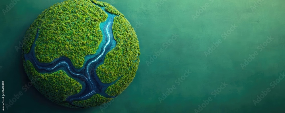 Obraz premium A green globe with rivers, reflecting nature and environmental sustainability.