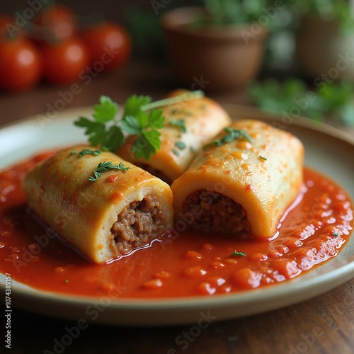 Appetizing Stuffed Pasta Rolls in Rich Tomato Sauce on Rustic Wood Table