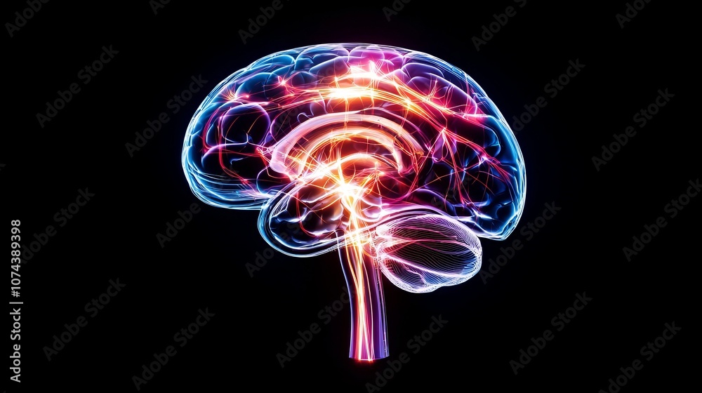 Futuristic view of a human brain with transparent x-ray, holographic overlays displaying neural pathways in sharp detail, digital aesthetic Futuristic view of a human brain with transparent x-ray, holographic overlays displaying neural pathways in sharp detail, digital aesthetic