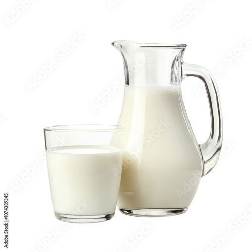 Fresh milk in a glass and jug on a white background