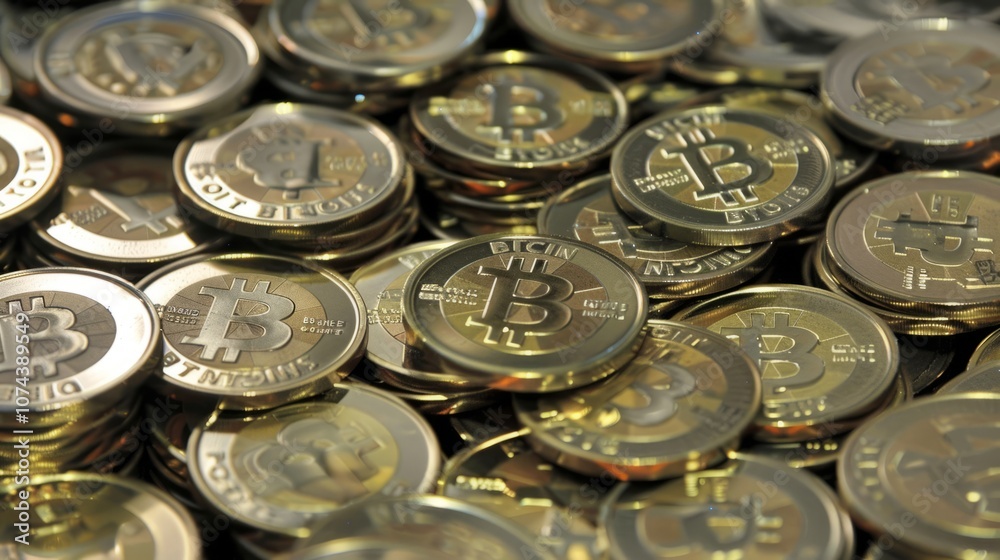 Bitcoin,a stack of gold coins, virtual currency
