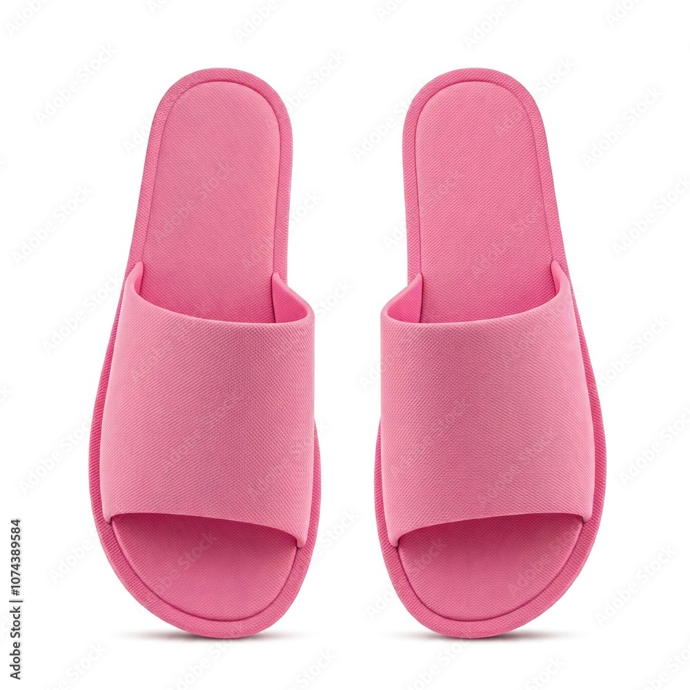 A pair of pink slide sandals with open toes and a simple design, isolated on a white background.