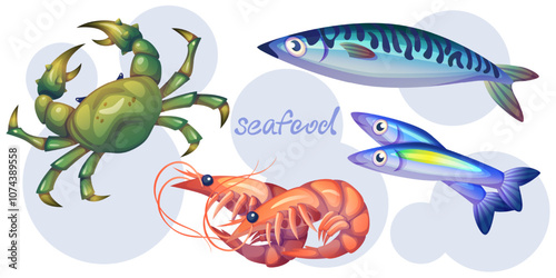 Seafood set isolated on white background. Vector cartoon illustration of crab, fish, shrimp, tuna, fresh ingredients for cooking gourmet dish, restaurant menu icons, food market products collection