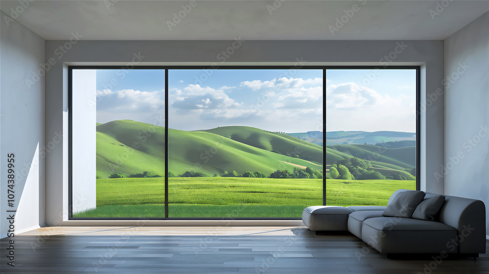 Fototapeta premium Themed living room with large glass windows version 3