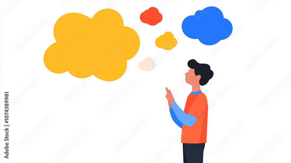 Man Lost in Thought, Surrounded by Colorful Bubble Clouds Man Lost in Thought, Surrounded by Colorful Bubble Clouds