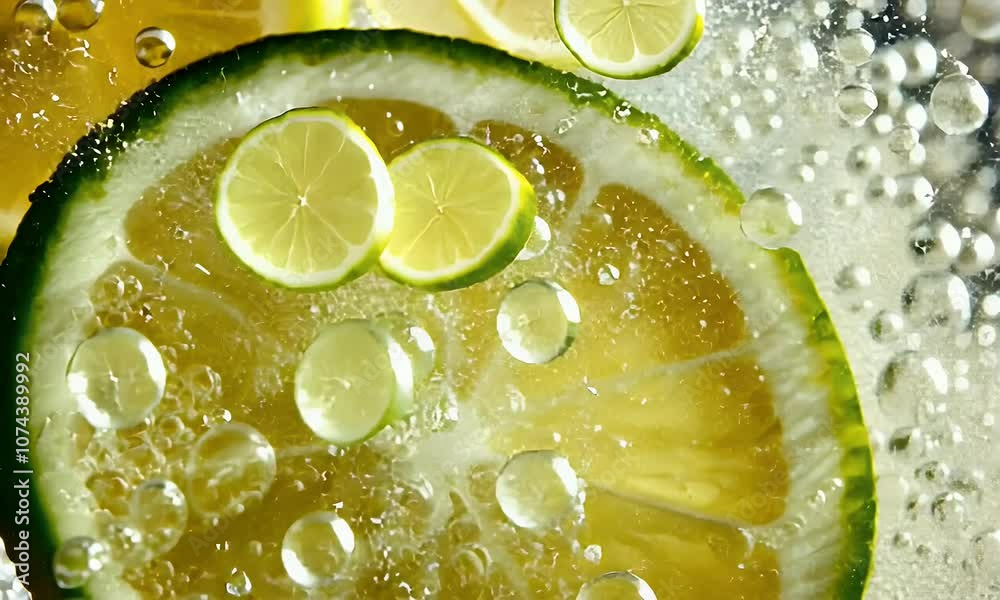 A close-up of a lemon slice submerged in sparkling water, showcasing bubbles and freshness.