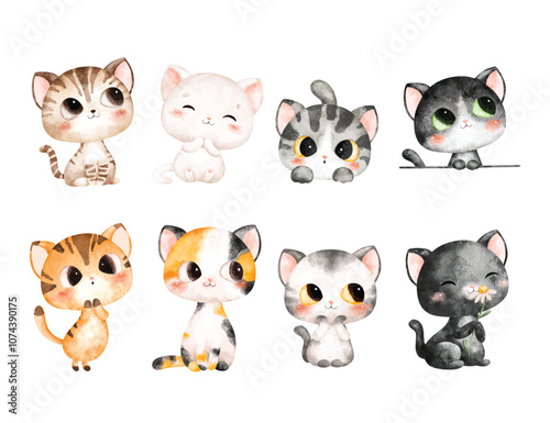 Watercolor Illustration Set Cute Cats
