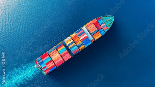 Massive container ship navigating the vast ocean, a captivating scene of global maritime logistics and international trade in action photo