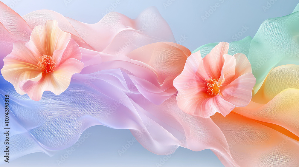Delicate pastel flowers float gracefully on soft, colorful background, creating serene and dreamy atmosphere. gentle hues blend seamlessly, evoking sense of tranquility and beauty Delicate pastel flowers float gracefully on soft, colorful background, creating serene and dreamy atmosphere. gentle hues blend seamlessly, evoking sense of tranquility and beauty