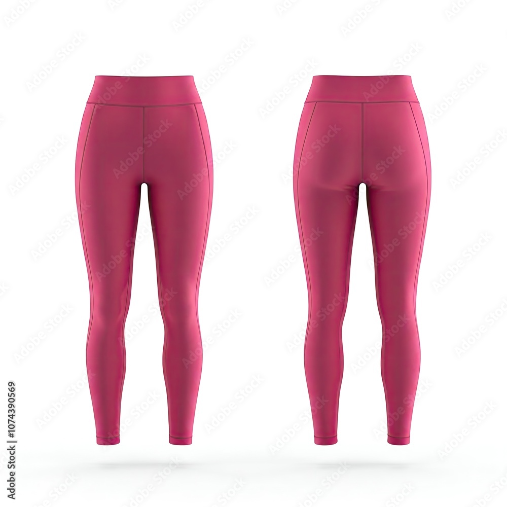 Front and back view of pink high-waisted leggings on a white background. Front and back view of pink high-waisted leggings on a white background.