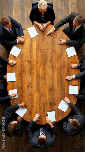 multiethnic business meeting with executives around a large wooden table
