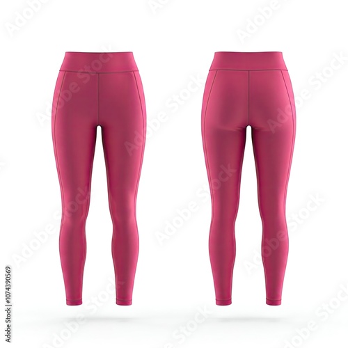 Front and back view of pink high-waisted leggings on a white background.