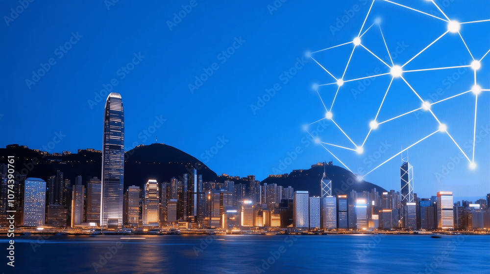 Obraz premium Hong Kong Skyline with Connected Network