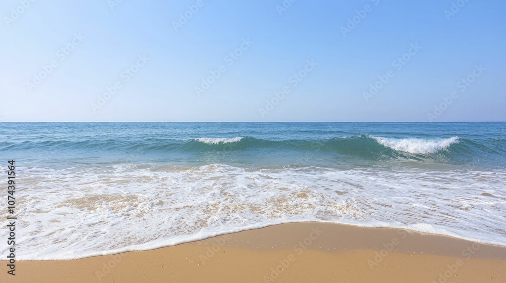 Ocean waves rolling onto a sandy shore, evoking sensations of tranquility and harmony with nature, soothing hues, vibrant arrangement, natural illumination. Ocean waves rolling onto a sandy shore, evoking sensations of tranquility and harmony with nature, soothing hues, vibrant arrangement, natural illumination.