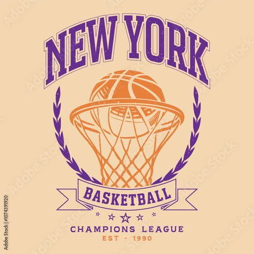 Vintage artwork for sportswear. Sport logo. College font. Basketball club vector t-shirt design. New York basketball league graphic print design. Champion tournament. Basketball college league.