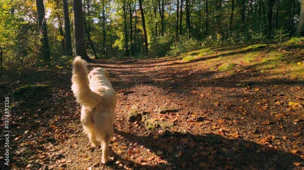 White dog walks along forest path covered in autumn leaves, surrounded by tall trees dappled sunlight filtering through foliage. Peaceful, natural scene showcasing beauty of autumn in the forest. White dog walks along forest path covered in autumn leaves, surrounded by tall trees dappled sunlight filtering through foliage. Peaceful, natural scene showcasing beauty of autumn in the forest.