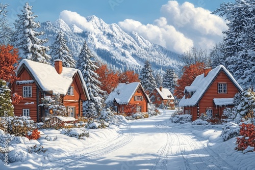  Cozy cabins, snow-covered trees. Generative AI