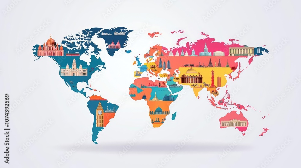 Obraz premium Colorful world map illustration with famous landmarks, isolated on white background.