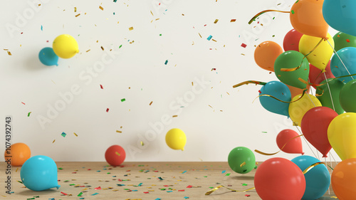Colorful balloons and confetti for festive party background, 3d render